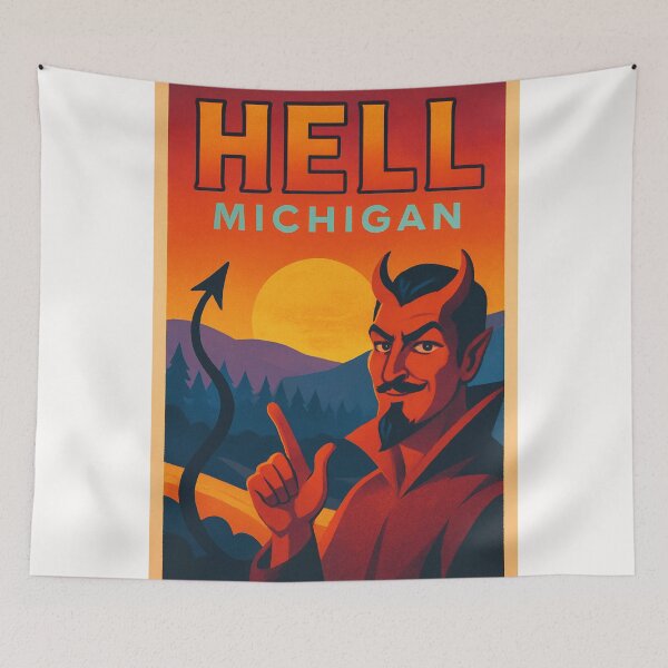 Item preview, Hell Michigan Humorous Travel Destination with Devil Character and Sunset Forest designed and sold by Places On Earth.