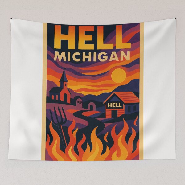 Item preview, Hell Michigan Scenic Sunset with Church and Cabin in Playful Town USA designed and sold by Places On Earth.