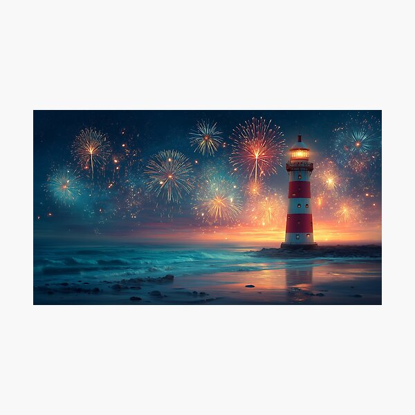 Item preview, Scenic Independence Day Fireworks over Lighthouse designed and sold by Boddicca.