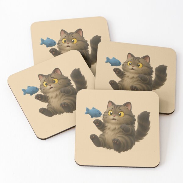 Item preview, Surprised Chubby Cat with Blue Fish – Cute 3D Cartoon Kitten Art designed and sold by iamwonderkitty.