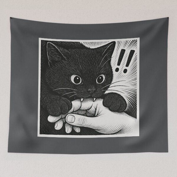 Artikelvorschau, Schwarze Katze beißt in die Hand – Lustige Illustration eines Katzenangriffs im Comic-Stil entworfen und verkauft von iamwonderkitty.