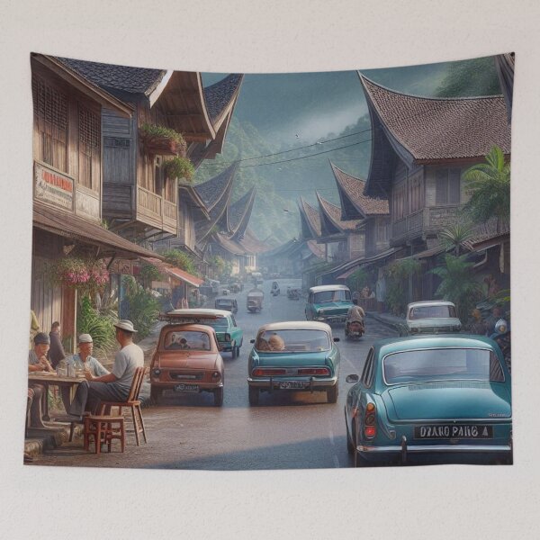 Item preview, Chill 1970s Padang Panjang – AI Artwork Colorful Roadside Café Scene for City Lovers, Travelers, and Vintage Fans designed and sold by knalpot-design.