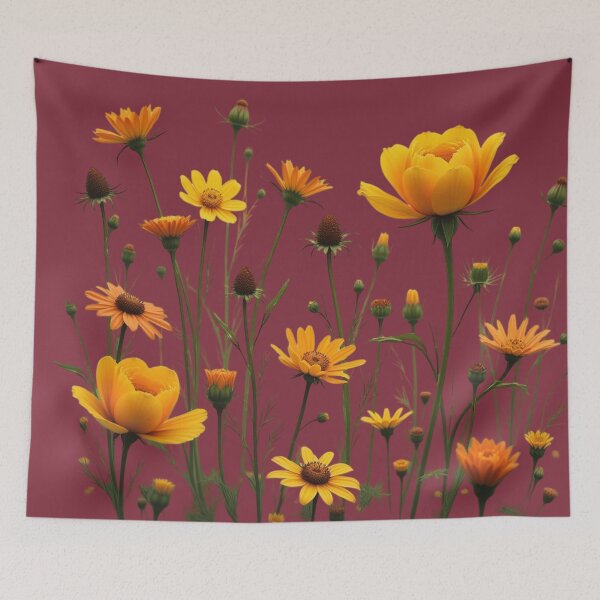 Item preview, Wildflowers and a Yellow Rose to the Right #3 - Deep Burgundy Background #5011DBD designed and sold by Wildflower Rose.