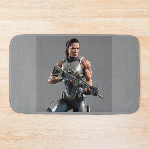 Item preview,  A muscular scifi warrior woman in full metal armor carrying a fantasy assault rifle designed and sold by Vintage Designs +.