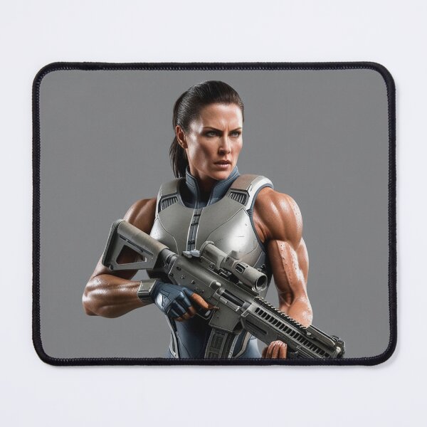Item preview, A muscular scifi warrior woman in full metal armor carrying a fantasy assault rifle designed and sold by Vintage Designs +.