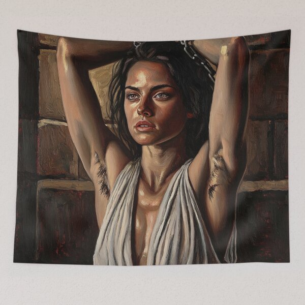 Item preview, Woman in a dungeon with her arms chained above her head vintage Expressionist painting art designed and sold by Vintage Designs +.