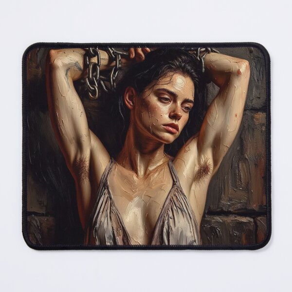Item preview, Woman in a dungeon with her arms chained above her head vintage Expressionist painting art designed and sold by Vintage Designs +.