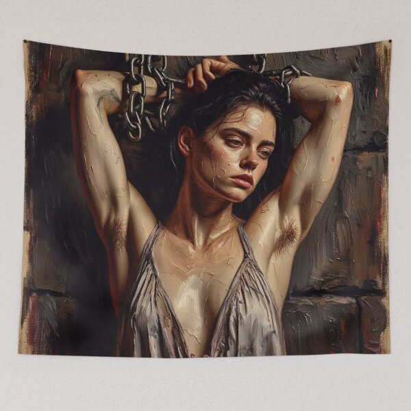 Item preview, Woman in a dungeon with her arms chained above her head vintage Expressionist painting art designed and sold by Vintage Designs +.