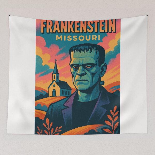 Item preview, Frankenstein Missouri Character Illustration with Historic Church in Midwest USA designed and sold by Places On Earth.