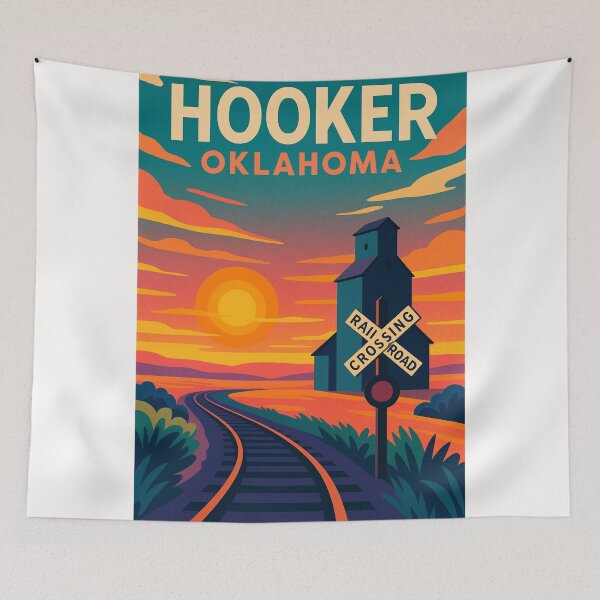 Item preview, Hooker Oklahoma Railroad Crossing and Grain Elevator at Sunset in Midwest USA designed and sold by Places On Earth.