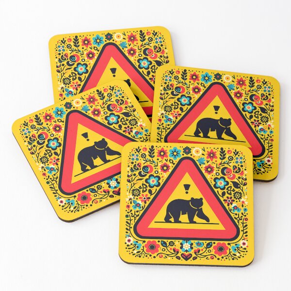 Item preview, Black Bear Crossing Warning! Sign – Nordic Folk Flowers by heidiannemorris © designed and sold by FOLK ART FUSION by heidiannemorris.