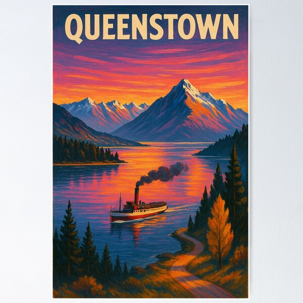 Item preview, Queenstown New Zealand Scenic Mountain Lake Sunset with TSS Earnslaw Steamship designed and sold by Aryabek.