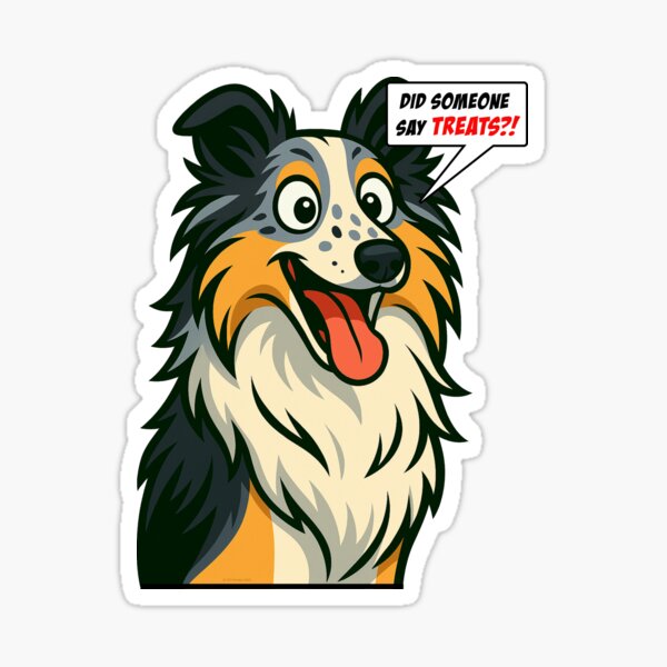 Vista previa del artículo con la obra «¿Alguien dijo golosinas? – Caricatura divertida de un perro sheltie», diseñado y vendido por TMPender.