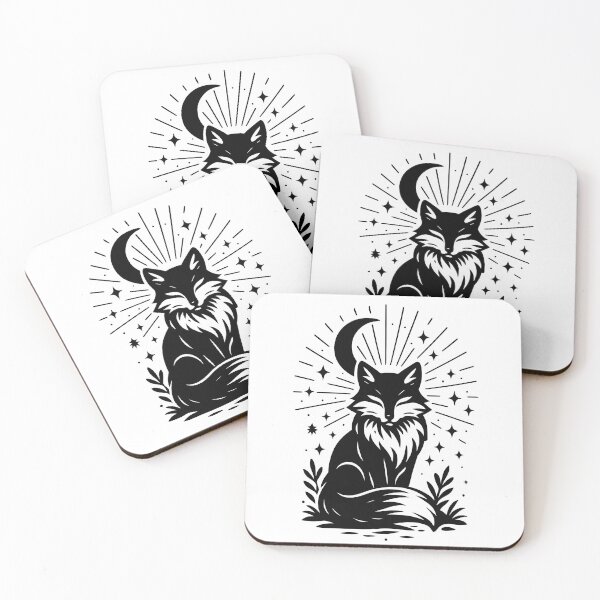 Item preview, Mystical Fox Under Moon and Stars | Black and White Minimalist Vector Art designed and sold by WAUZ.