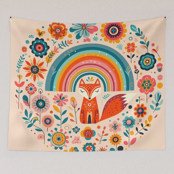 Item preview, Scandinavian Folk Art Orange Cute Fox Under Rainbow by heidiannemorris © designed and sold by FOLK ART FUSION.