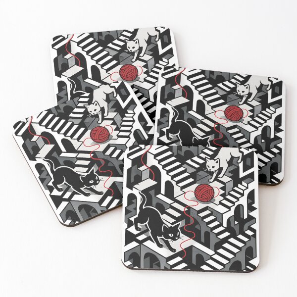 Item preview, Endless Stairs with Black and White Cats and Red Yarn | M.C. Escher Inspired Optical Illusion Art designed and sold by WAUZ.