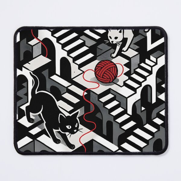 Item preview, Endless Stairs with Black and White Cats and Red Yarn | M.C. Escher Inspired Optical Illusion Art designed and sold by WAUZ.