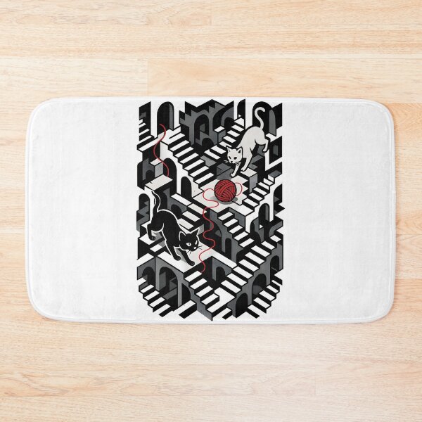 Item preview, Endless Stairs with Black and White Cats and Red Yarn | M.C. Escher Inspired Optical Illusion Art designed and sold by WAUZ.