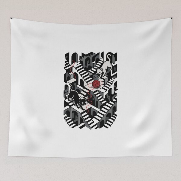 Item preview, Endless Stairs with Black and White Cats and Red Yarn | M.C. Escher Inspired Optical Illusion Art designed and sold by WAUZ.