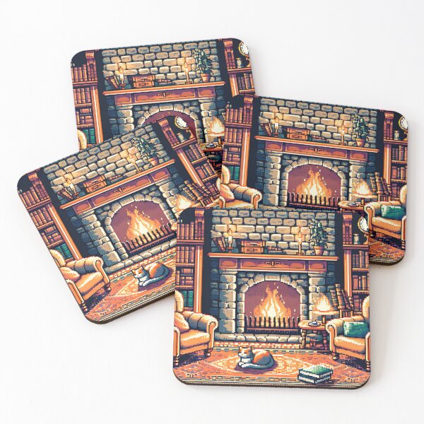 Item preview, Pixel Art Library Fireplace Poster – Cozy Reading Room with Cat designed and sold by NSB-Design.