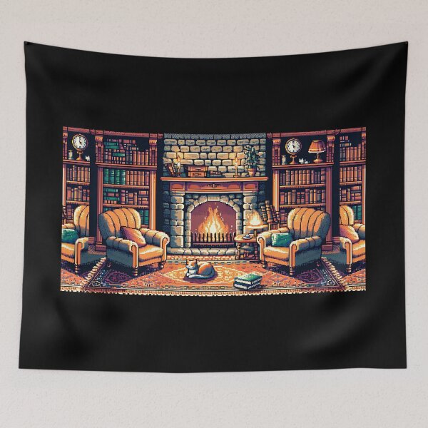 Item preview, Pixel Art Library Fireplace Poster – Cozy Reading Room with Cat designed and sold by NSB-Design.
