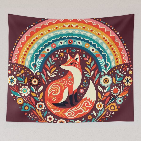 Item preview, Scandinavian Folk Art Fox Under Rainbow with Flowers by heidiannemorris © designed and sold by FOLK ART FUSION.