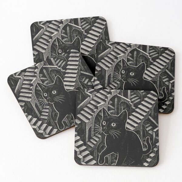 Item preview, Black Cat Lost in Endless Stairs | M.C. Escher Inspired Optical Illusion Vector Art designed and sold by WAUZ.