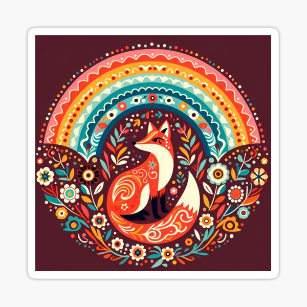 Item preview, Scandinavian Folk Art Fox Under Rainbow with Flowers by heidiannemorris © designed and sold by FOLK ART FUSION by heidiannemorris.