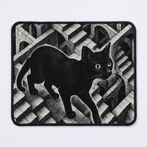 Item preview, Wandering Black Cat Through Infinite Staircase Maze | Surreal Minimalist Vector Art designed and sold by WAUZ.