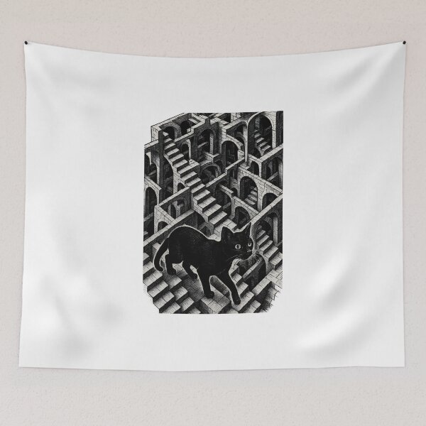 Item preview, Wandering Black Cat Through Infinite Staircase Maze | Surreal Minimalist Vector Art designed and sold by WAUZ.