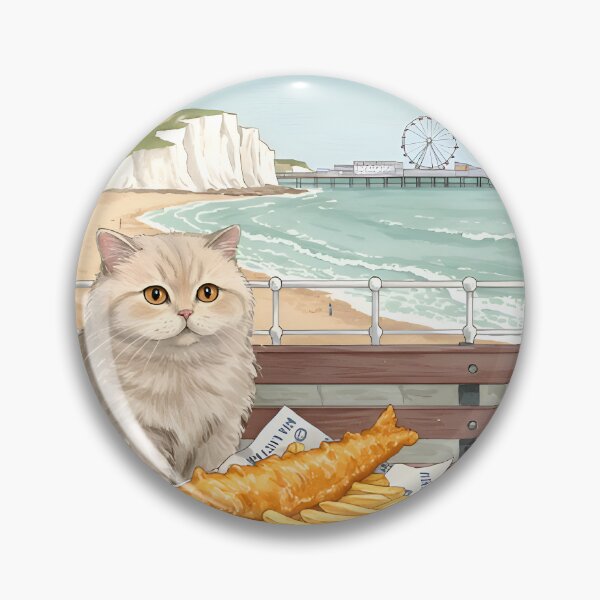 Item preview, Fluffy British Shorthair Enjoying Fish and Chips by the Seaside – Realistic Watercolor Art designed and sold by Simple_Lines2025.