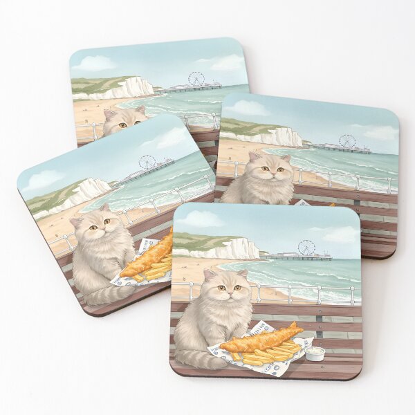 Item preview, Fluffy British Shorthair Enjoying Fish and Chips by the Seaside – Realistic Watercolor Art designed and sold by Simple_Lines2025.