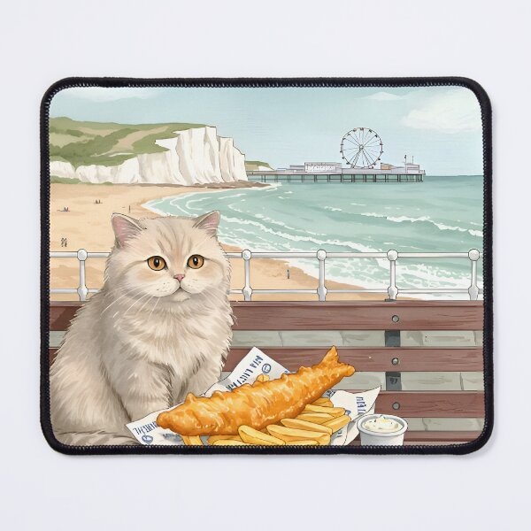 Item preview, Fluffy British Shorthair Enjoying Fish and Chips by the Seaside – Realistic Watercolor Art designed and sold by Simple_Lines2025.