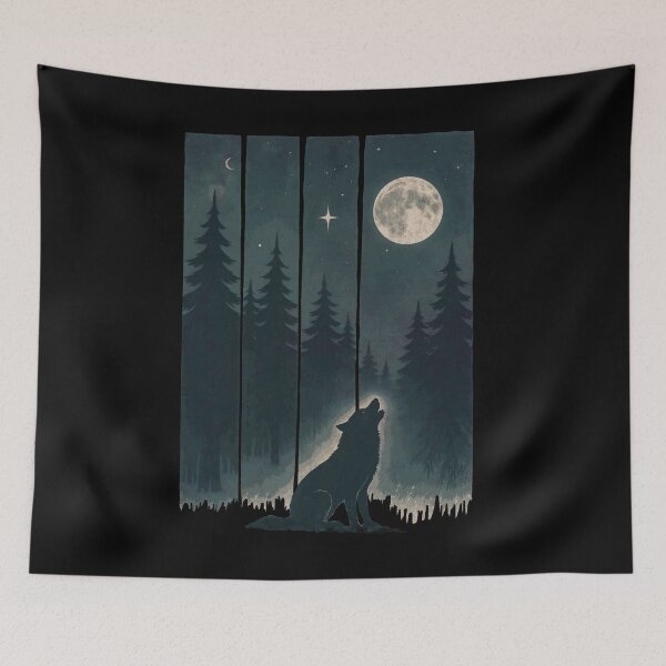 Item preview, A Wolf in the Wild  Wolf Silhouette In Beautiful Nature, a wolf with a forest and a deer in the background. nature, wolf, mountains, outdoors, adventure, camping designed and sold by Collagedream.