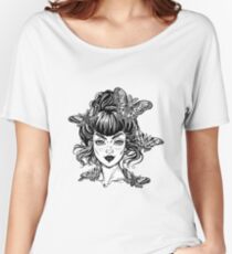 Woman portrait with vintage bun hair made in style, pretty girl with moth and butterfly. Women's Relaxed Fit T-Shirt