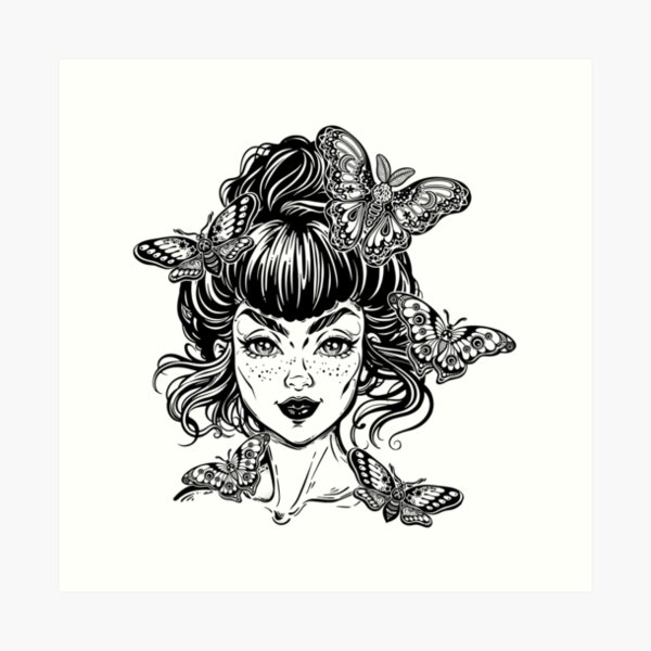 jolie fille avec papillon et papillon. Portrait de jolie femme avec des insectes autour. Impression artistique