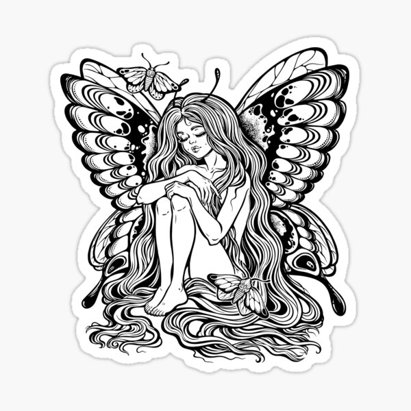 Young girl butterfly with long wavy hair falling to the ground. Nude modest moth. Princess of the forest.  Sticker