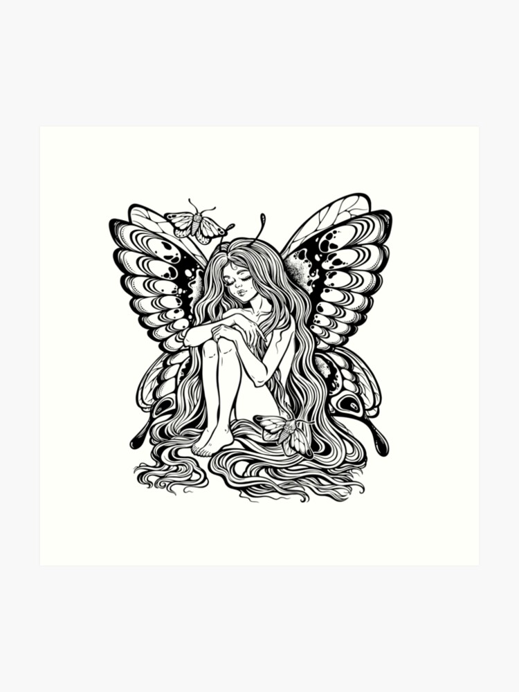 750px x 1000px - Young girl butterfly with long wavy hair falling to the ground. Nude modest  moth. Princess of the forest. | Art Print