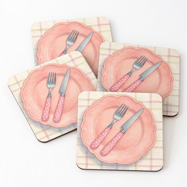Item preview, Pink Polka Dot Cutlery on Pink Plate Watercolor Art designed and sold by Pacika.