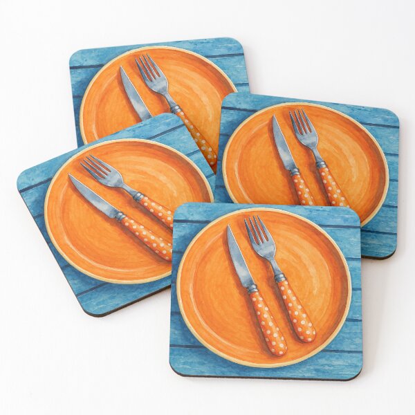 Item preview, Vibrant Orange Plate and Cutlery - Watercolor Art designed and sold by Pacika.