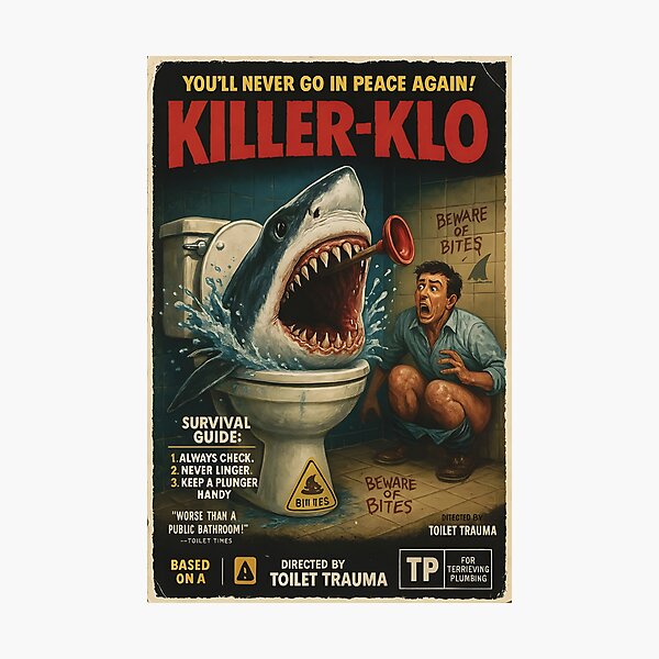 Item preview, Killer Klo Shark Attack – 1970s Horror Comedy Poster | Flush If You Dare! designed and sold by WAUZ.