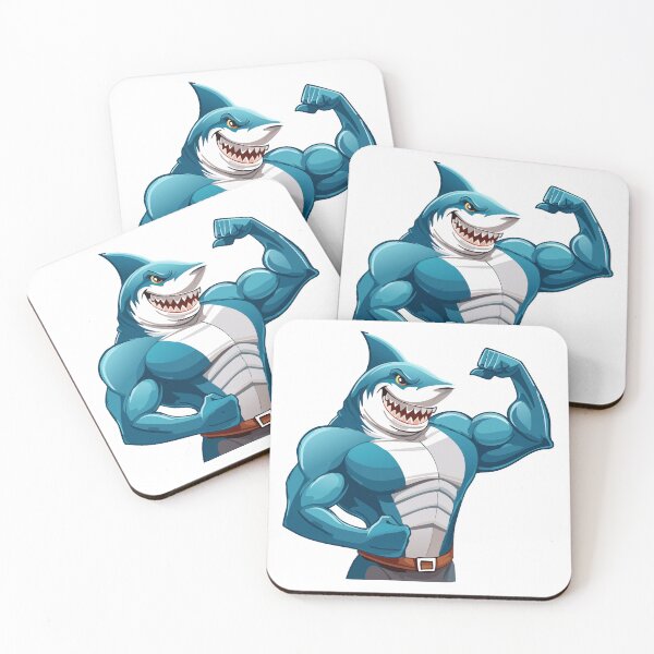 Item preview, Terrifying Shark with open mouth and showing sharp teeth showing muscles, Shark Flexing his muscular big biceps,  Fitness Shark, designed and sold by Danler.