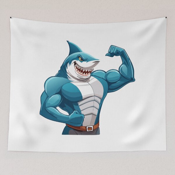 Item preview, Terrifying Shark with open mouth and showing sharp teeth showing muscles, Shark Flexing his muscular big biceps,  Fitness Shark, designed and sold by Danler.