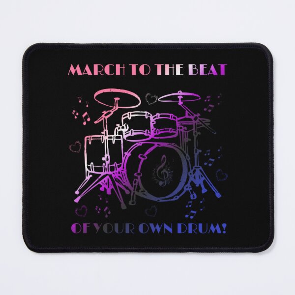 Item preview, March to the beat, of your own drum, Genderfluid pride flag graphic, rainbow drum set and hearts graphic, mental health matters, mindfulness, self love, music lovers, music, designed and sold by PrideBeProud.