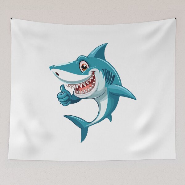 Item preview, Cute shark with open mouth and showing sharp teeth character giving a thumbs up with smile, showing approval on white background designed and sold by Danler.