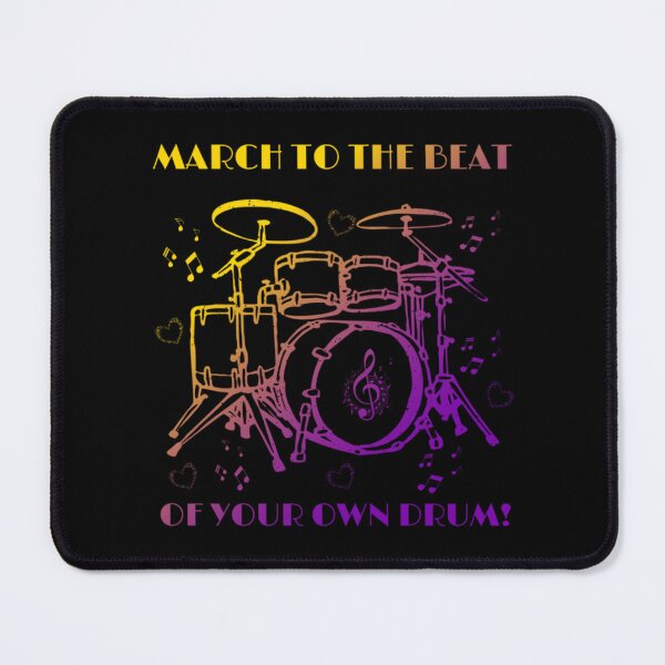 Item preview, March to the beat, of your own drum, Intersex pride flag graphic, rainbow drum set and hearts graphic, mental health matters, mindfulness, self love, music lovers, music, designed and sold by PrideBeProud.