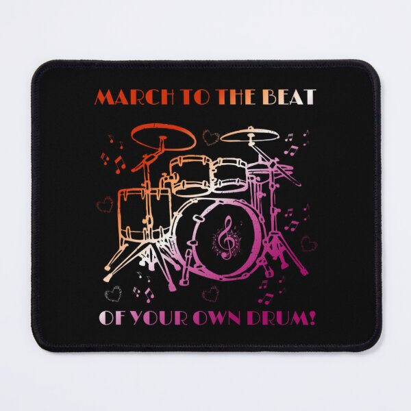 Item preview, March to the beat, of your own drum, Lesbian pride flag graphic, rainbow drum set and hearts graphic, mental health matters, mindfulness, self love, music lovers, music, designed and sold by PrideBeProud.