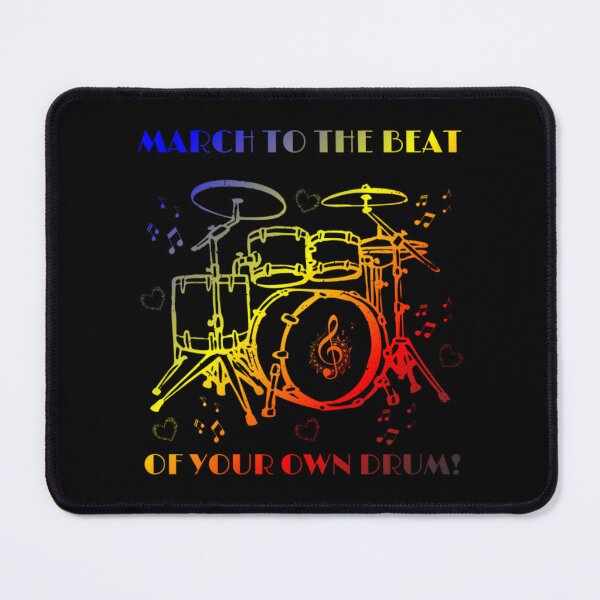 Item preview, March to the beat, of your own drum, Polyamory pride flag graphic, rainbow drum set and hearts graphic, mental health matters, mindfulness, self love, music lovers, music, designed and sold by PrideBeProud.