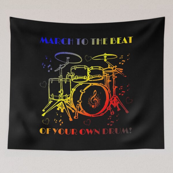 Item preview, March to the beat, of your own drum, Polyamory pride flag graphic, rainbow drum set and hearts graphic, mental health matters, mindfulness, self love, music lovers, music,  designed and sold by PrideBeProud.