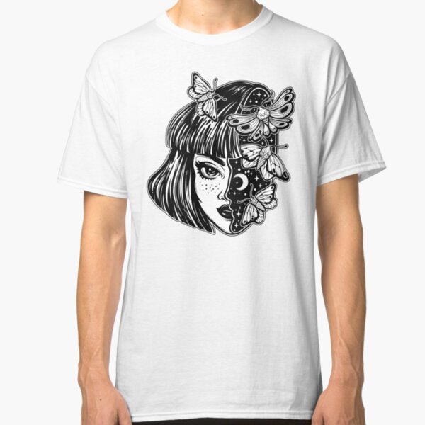 Portrait of the magic surreal witch girl with a head as night sky full of moth butterflies. Classic T-Shirt